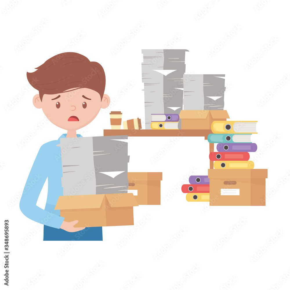 stress at work, worried employee with pile of documents books boxes stress at work, worried employee with pile of documents books boxes