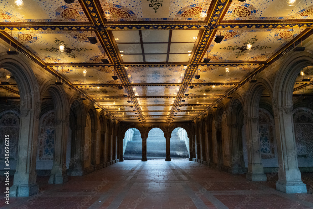 Manhattan New York Central park stairs to the Minton tiles at Bethesda Arcade corridor underpass and arches