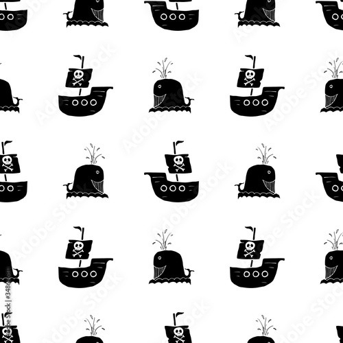 Pirate boat and whale Seamless pattern. Cute Doodles pirate sketch. Hand drawn Cartoon Vector illustration