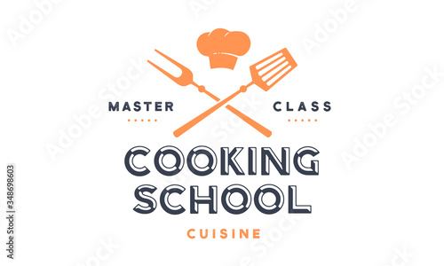 Food logo. Logo for Cooking school class with icon bbq tools, grill fork, spatula, text typography Coocking School, Master Class. Graphic logo template for cooking cuisine course. Vector Illustration