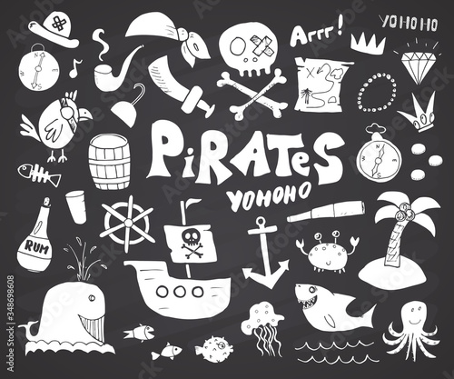 Pirate Doodles Set. Cute pirate items sketch collection. Hand drawn Cartoon Vector illustration on chalkboard background