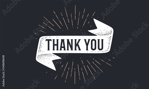 Flag ribbon Thank You. Old school flag banner with text Thank You. Ribbon flag in vintage style with linear drawing light rays, sunburst and rays of sun, text thank you. Vector Illustration