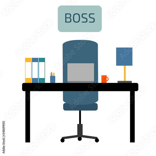 The office of the boss with the inscription. The workplace of the chief with a notebook and folders.