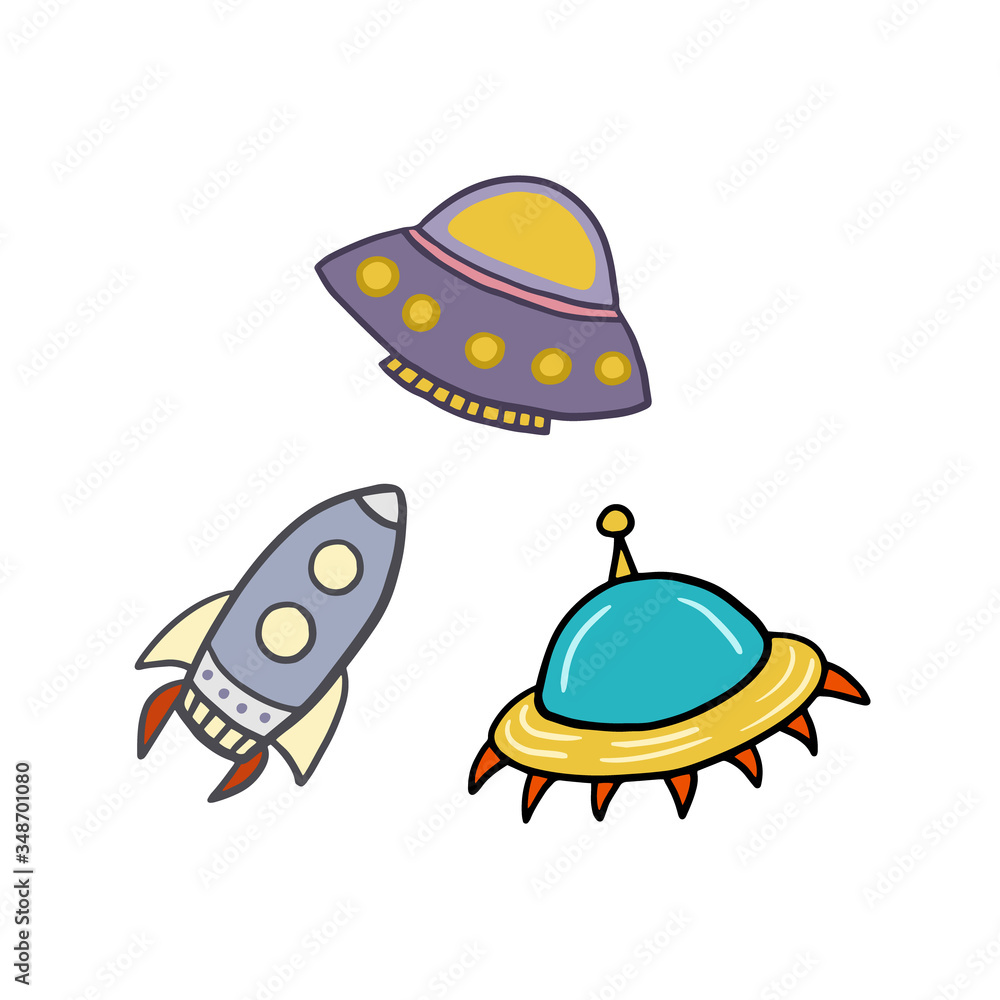 Fototapeta premium Spaceships. Flying Saucers. Rocket. Set of vector illustrations in cartoon style.