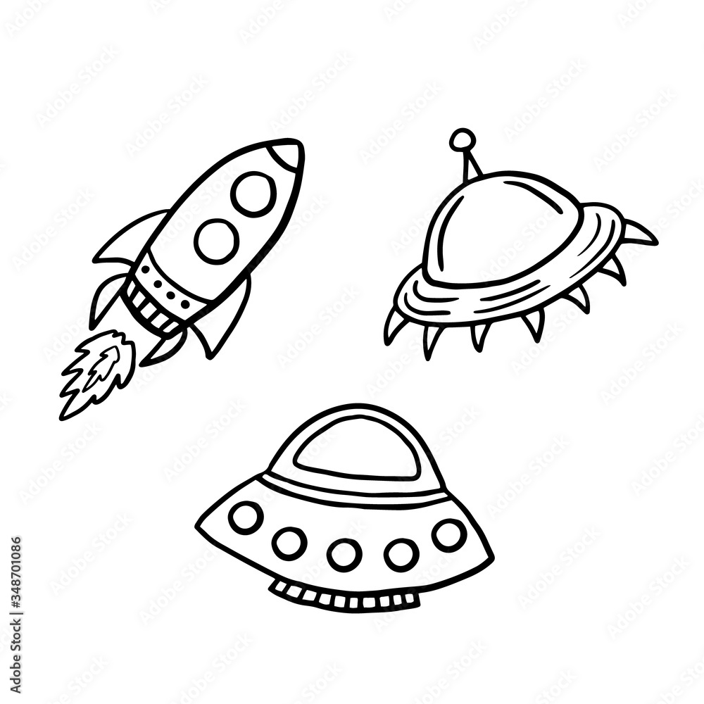 Spaceships. Flying saucers. Set of vector illustrations in doodle style. Spaceships. Flying saucers. Set of vector illustrations in doodle style.