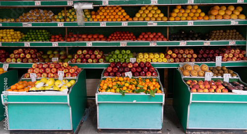 fruits in street market. Apples, oranges, pears, peaches, tangerines