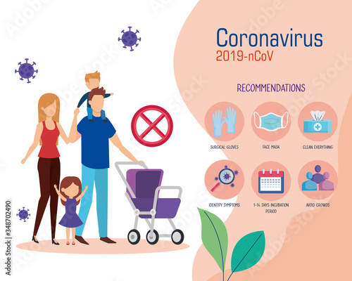 recommendations for 2019 ncov with family using face mask vector illustration design