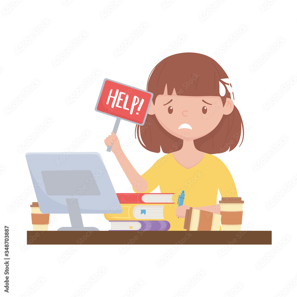 stress at work, worried female employee with help placard in office stress at work, worried female employee with help placard in office