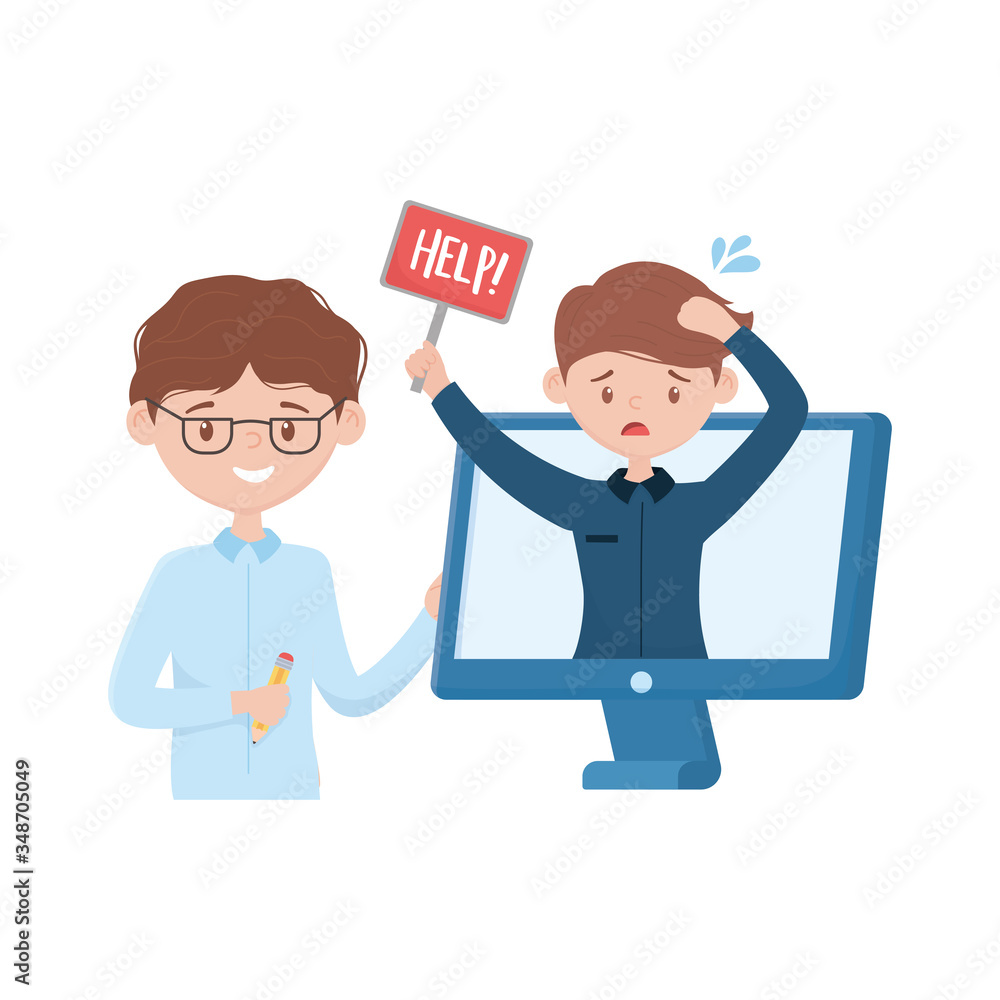 stress at work, businessman and employee with help placard video call