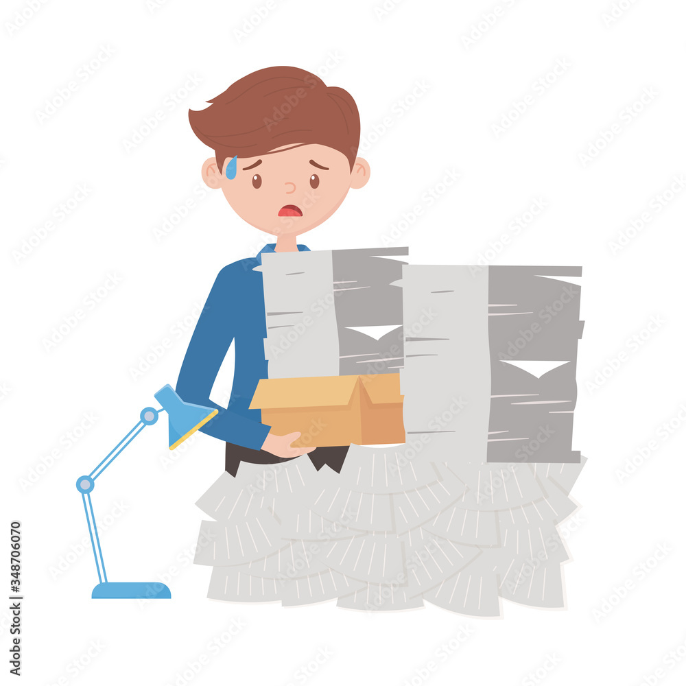 stress at work, businessman carrying stacked papers document working stress at work, businessman carrying stacked papers document working