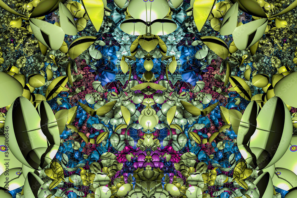 Naklejka premium 3D render. Fractal image of a 3D object. Fractal landscape. A colorful computer-generated image. The fractal background. Textures for the design. Abstract painting. Pattern.