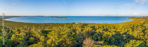 Fototapeta Naklejka Na Ścianę i Meble -  Beautiful coastal wetlands reserve in Hastings, Australia - aerial panoramic landscape