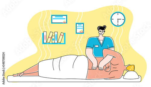 Vector flat illustration of osteopathic, chiropractor treating patient in his office. Concept alternative therapy, physiotherapy, and manual interventions.
