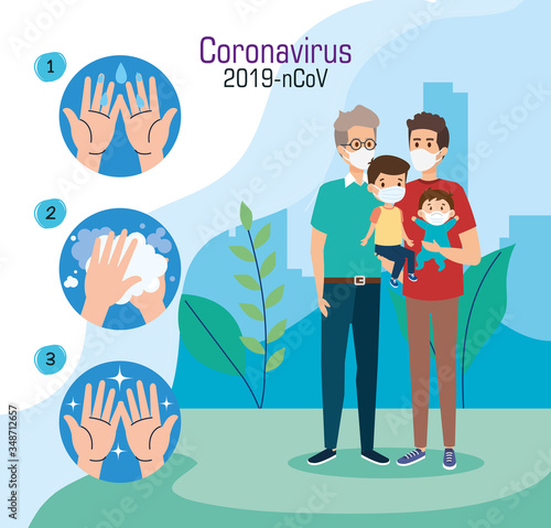 fathers with children using face mask with recommendations covid 19 vector illustration design