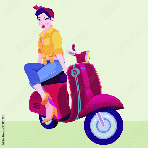 Pin-Up Girl on a Scooter vector illustratiom photo