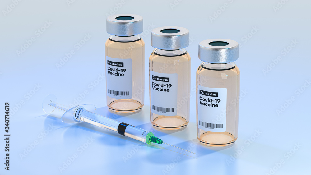 Three bottles of concept cure for covid-19 coronavirus. Vials and syringe. 3d illustration.