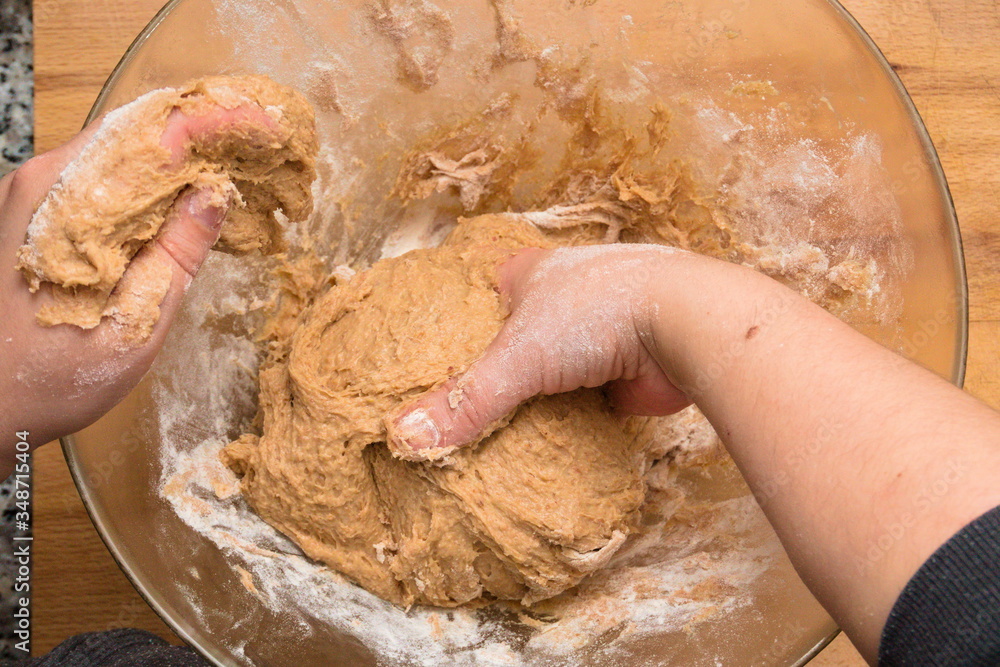 Fototapeta premium Woman's hands kneading whole wheat dough