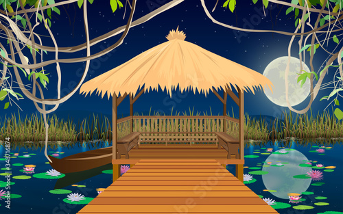 landscape of wooden cottage in the river in full moon night