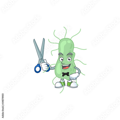 A picture of salmonella Barber cartoon character working with scissor