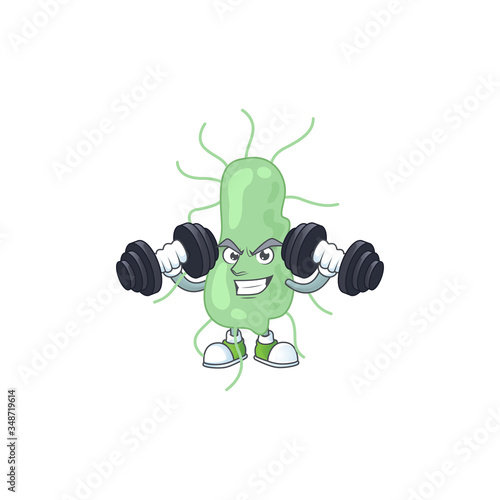 Caricature picture of salmonella exercising with barbells on gym