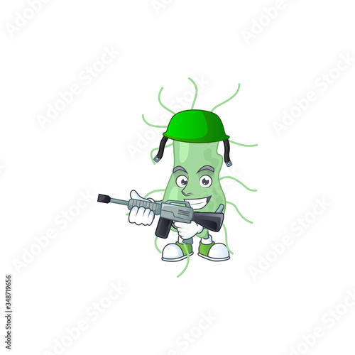 A mascot design picture of salmonella as a dedicated Army using automatic gun