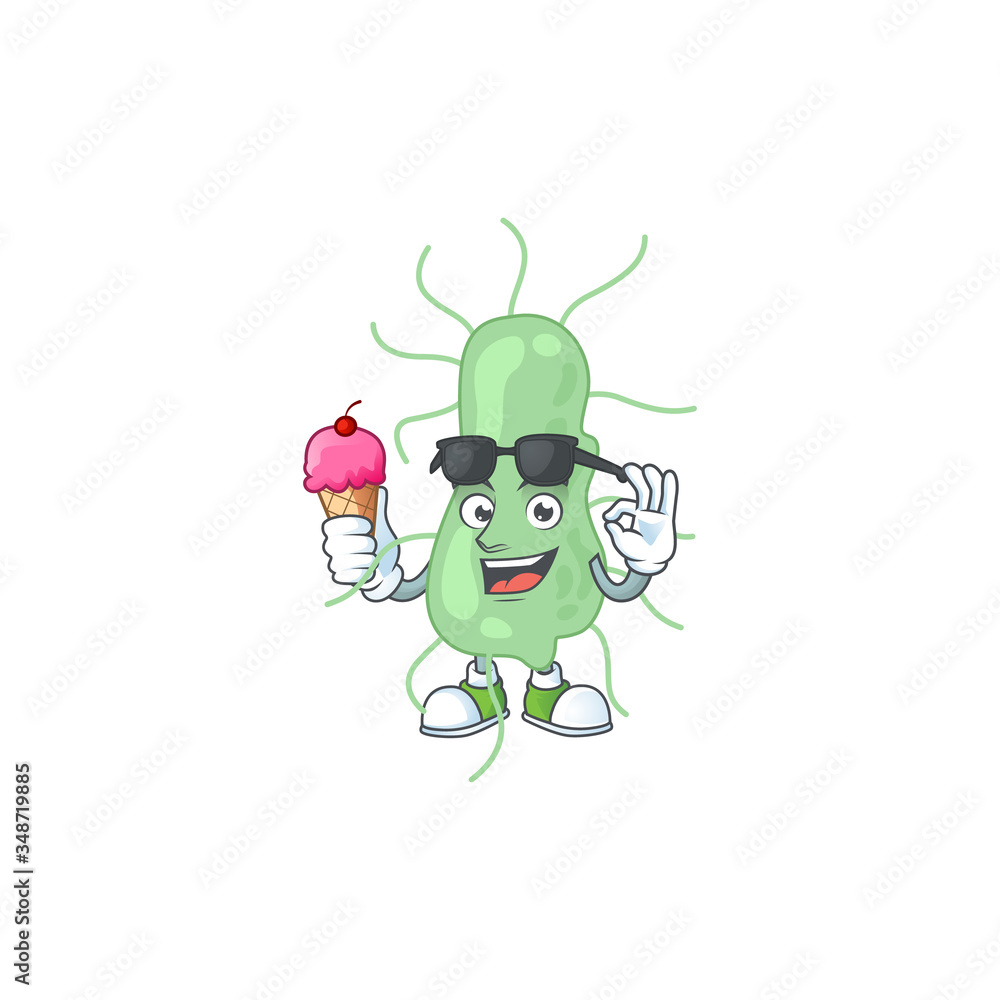 Happy face of salmonella cartoon mascot having an ice cream Happy face of salmonella cartoon mascot having an ice cream