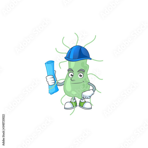 brilliant Architect salmonella mascot design style with blue prints and helmet