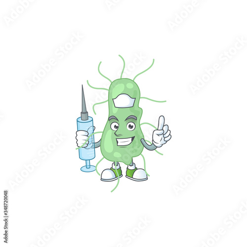 A humble Nurse salmonella Cartoon character holding syringe
