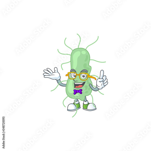Cartoon character design of nerd salmonella with weird glasses