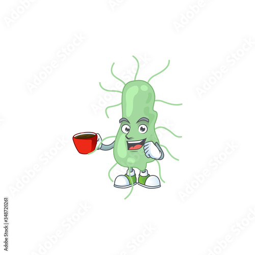 A mascot design character of salmonella drinking a cup of coffee