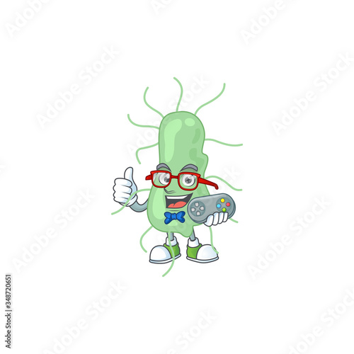 Cartoon mascot design of salmonella play a game with controller