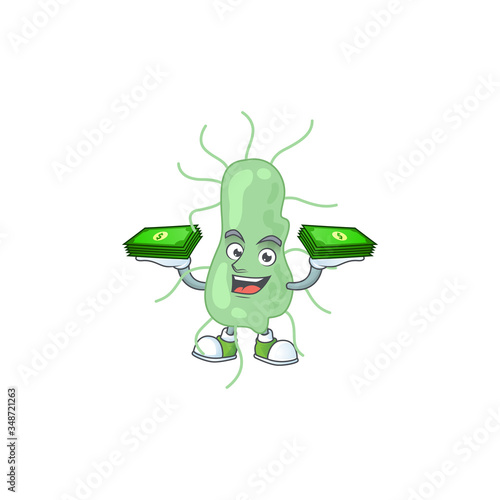 A cheerful salmonella cartoon mascot design having some money on hands