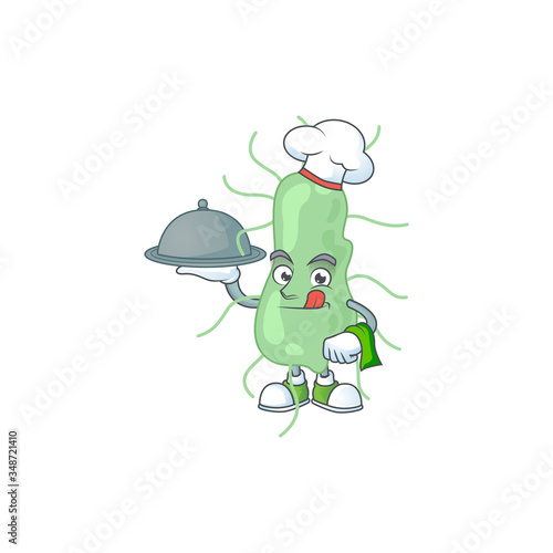 A salmonella chef cartoon mascot design with hat and tray