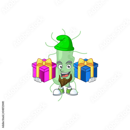 A joyful salmonella mascot design style with Christmas gifts