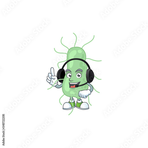 Salmonella cartoon character style speaking with friends on headphone