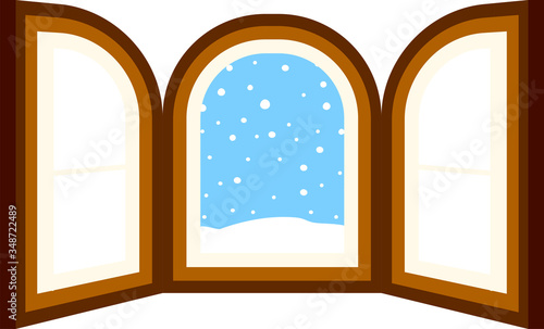 Open window frame with falling snow