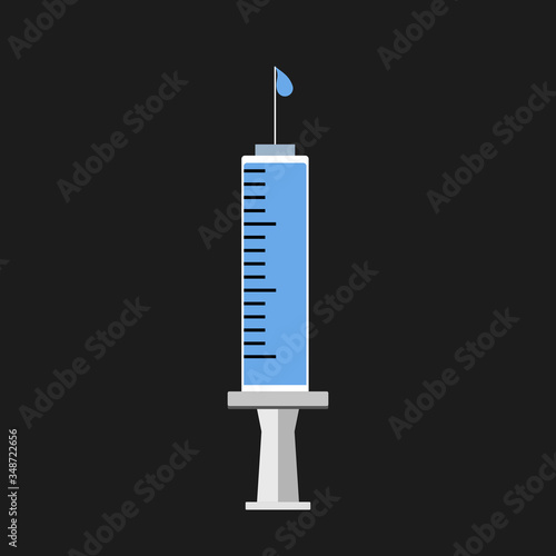 Illustration of syringe with blue liquid on it.