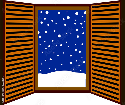 Blue Open window frame with falling snow