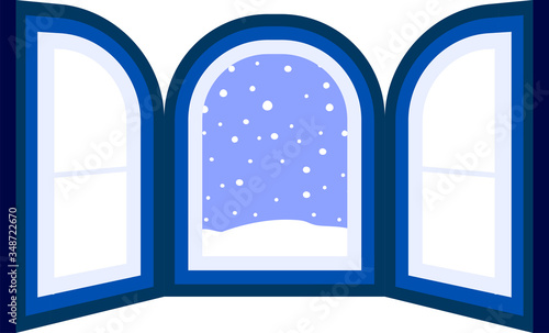Blue Open window frame with falling snow