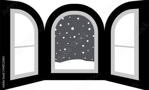 Monochrome Open window frame with falling snow