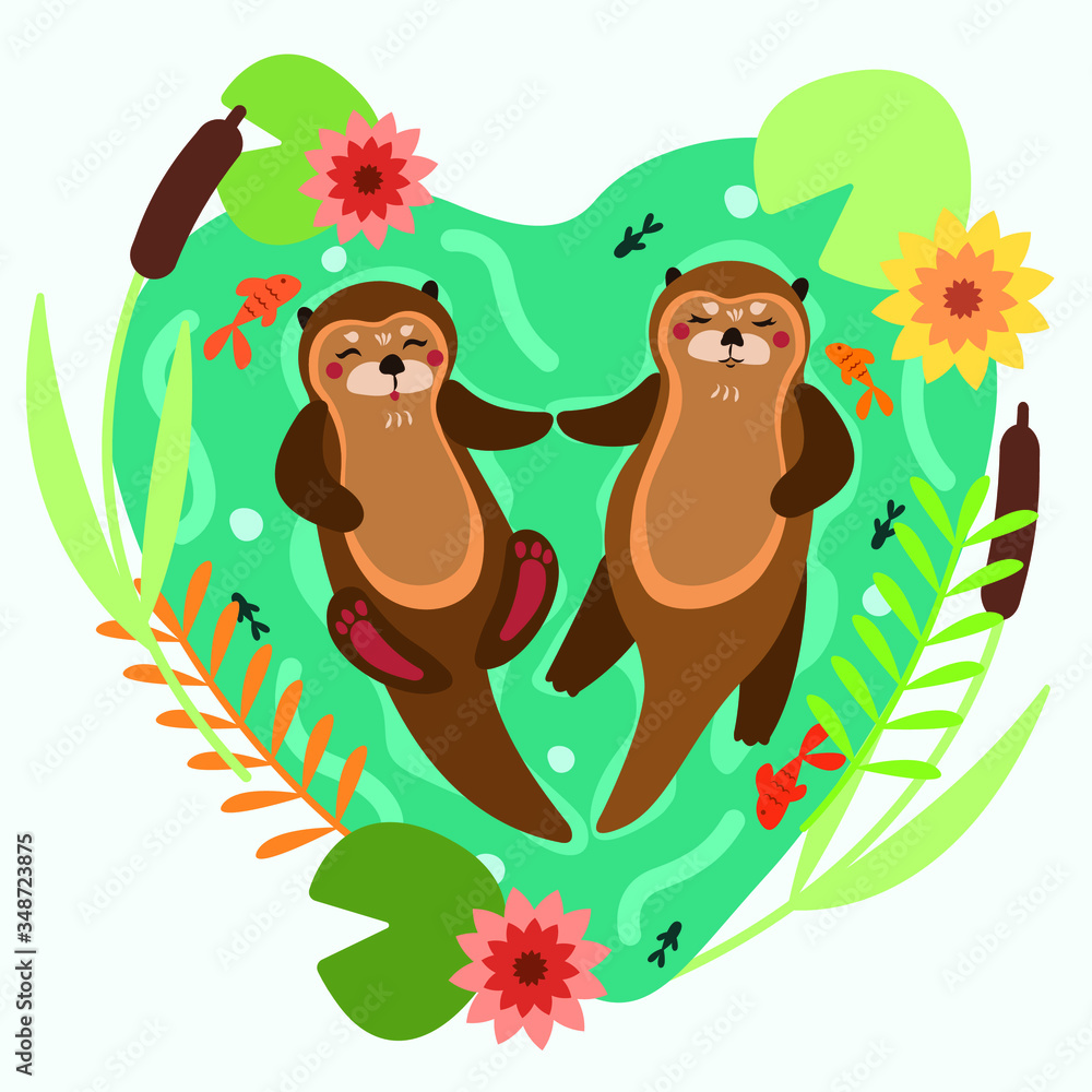 Two cute otters in love swimming and sleeping on the water surface with lilies and fishes. Cute flat vector illustration.
