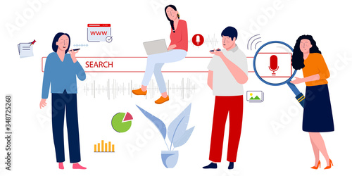Character young people doing voice search on internet with smart phone laptop.