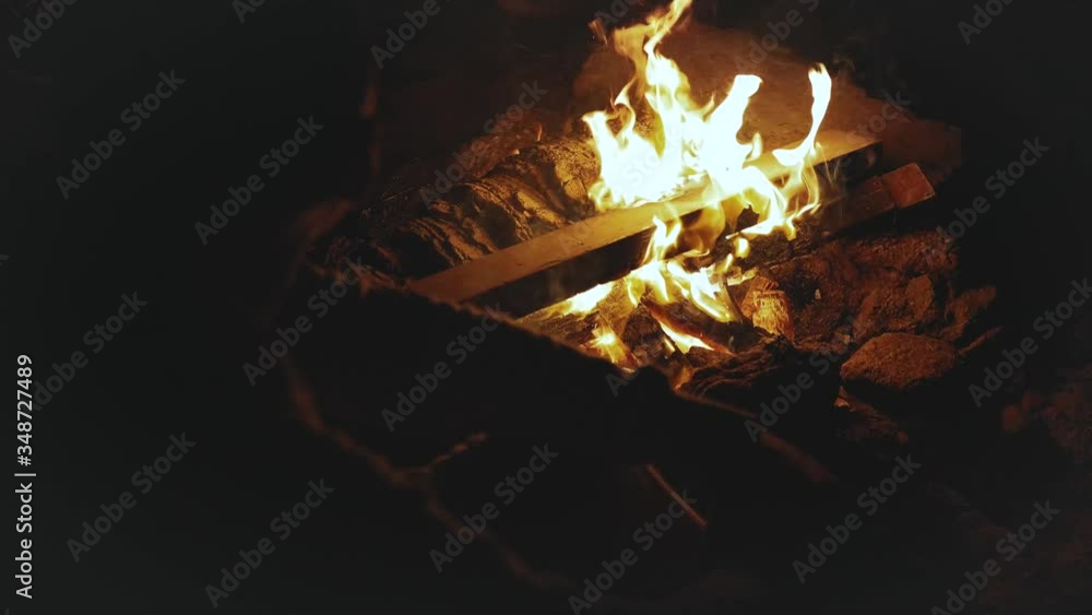 Close-up of campfire, group of friends having fun near the campfire on the beach near the sea at night, 4k Close-up of campfire, group of friends having fun near the campfire on the beach near the sea at night, 4k