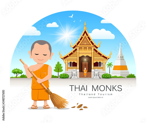 Thai monk is leaf sweep design Thailand temple and pagoda background, vector illustration
