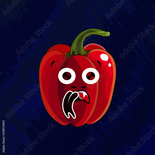 Isolated vector image. A bright red cartoon sweet pepper with an expression of horror or amazement. Emoji, character, illustration. Tasteless, bitter, unloved food, kids do not like to eat vegetables.