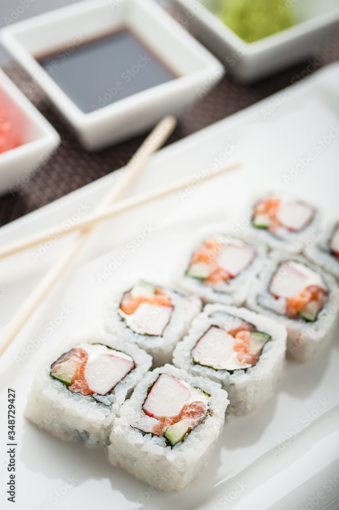 Sushi maki and uramaki rolls with philadelphia Sushi maki and uramaki rolls with philadelphia