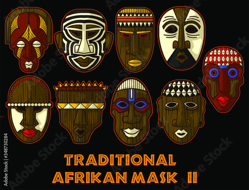 stuning ancient and traditional african mask Vector Illustration Set number two in black background.  photo