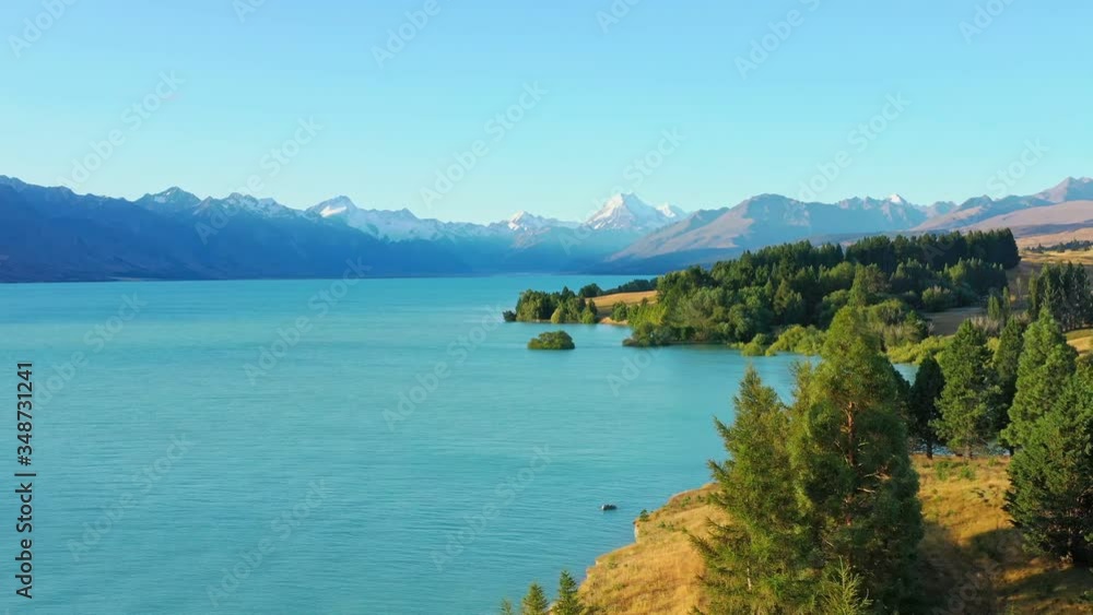 Aerial view of Lake Pukaki scenery, Southern Alps in New Zealand Aerial view of Lake Pukaki scenery, Southern Alps in New Zealand