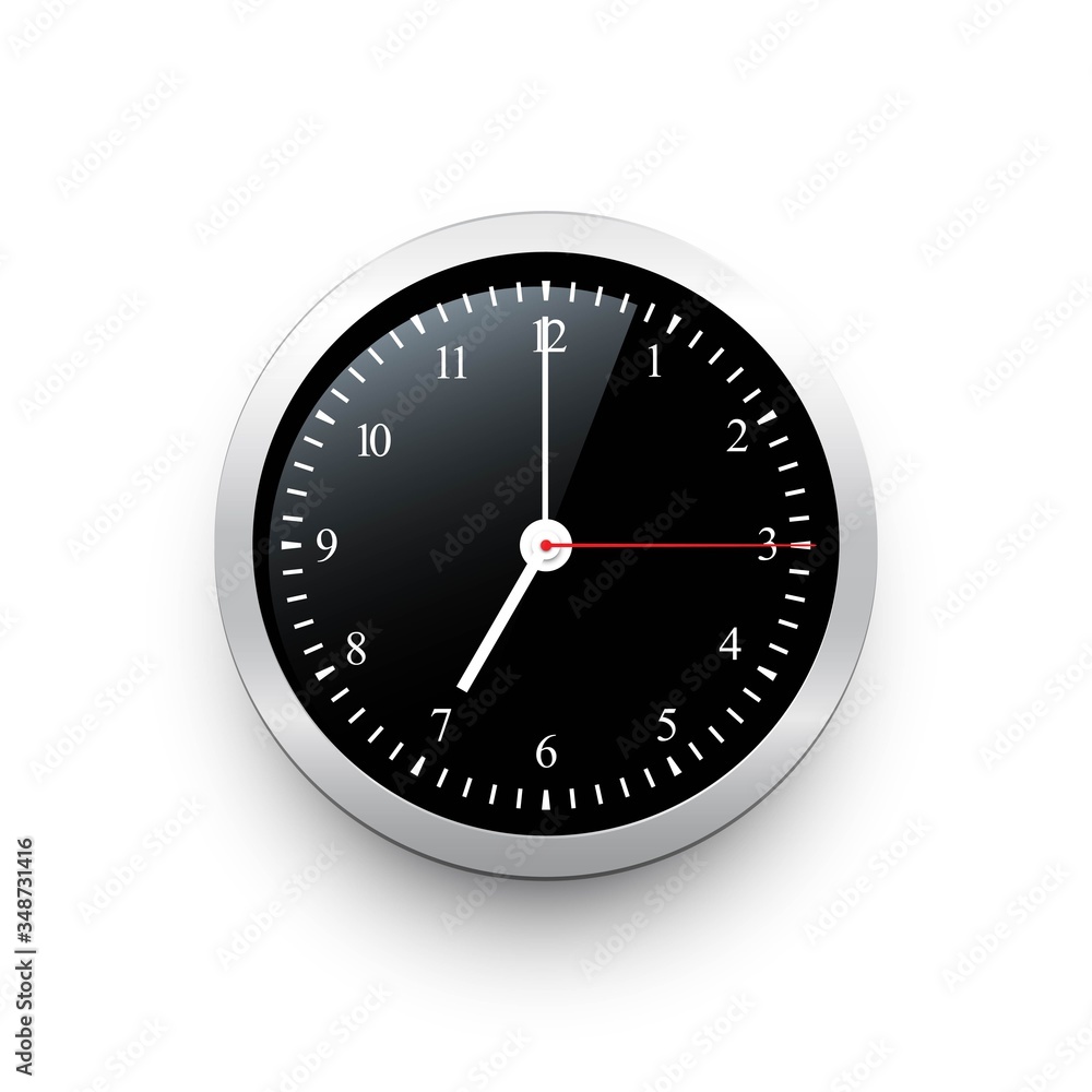 Black classic clock with silver border. Vector black clock template with movable arrows. Black classic clock with silver border. Vector black clock template with movable arrows.