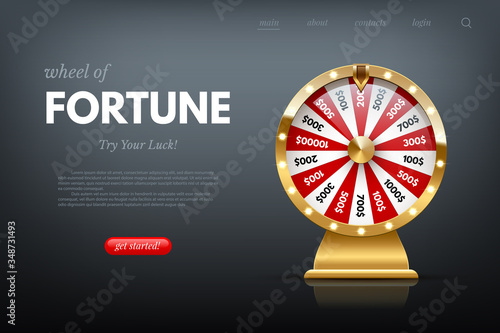Casino fortune wheel sitepage template. Shiny lucky number wheeling roulette. Gambling industry, entertainment, hobby concept. Design for online poker room, website, mobile app.